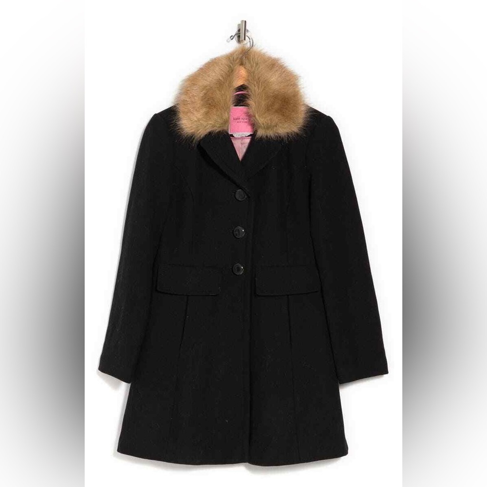 Kate Spade New York Black Wool Coat W/ Faux Fur Collar Size X-Large $345